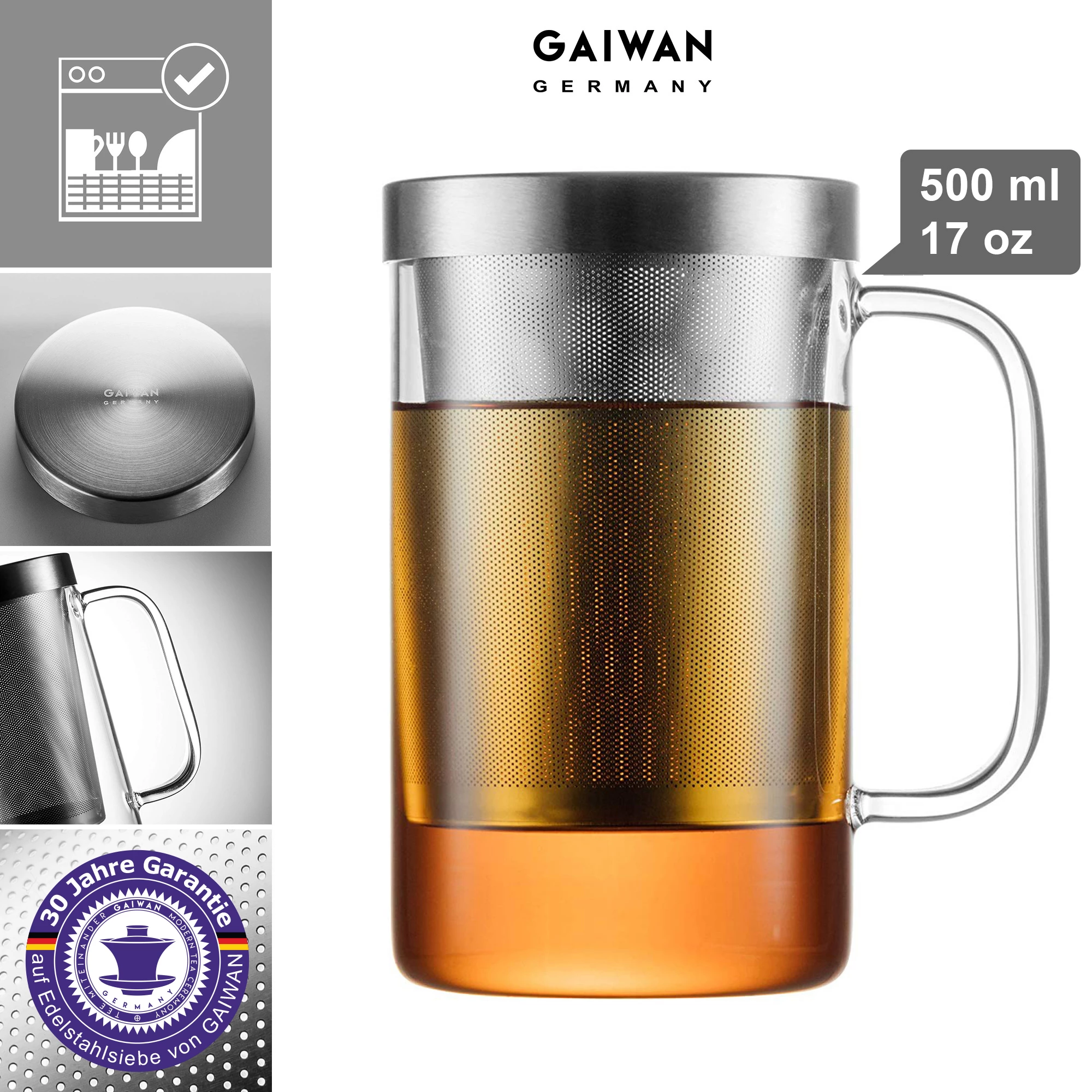 Großes Teeglas mit 500 ml Nutzvolumen, Edelstahlsieb mit 30 Jahre Garantie - GAIWAN® PURE550S